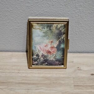 Vintage Photo Holder Metal Case W/ Silk Painting By Fragonard
